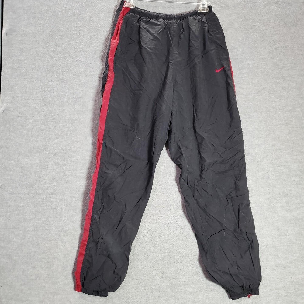 VINTAGE Nike‎ Women Activewear Track Pants Large Black Red Windbreaker Swoosh